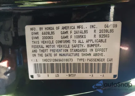 2009 Honda Accord 2.4 Ex-L z USA, uszkodzony, nr VIN 1HGCS12849A018073